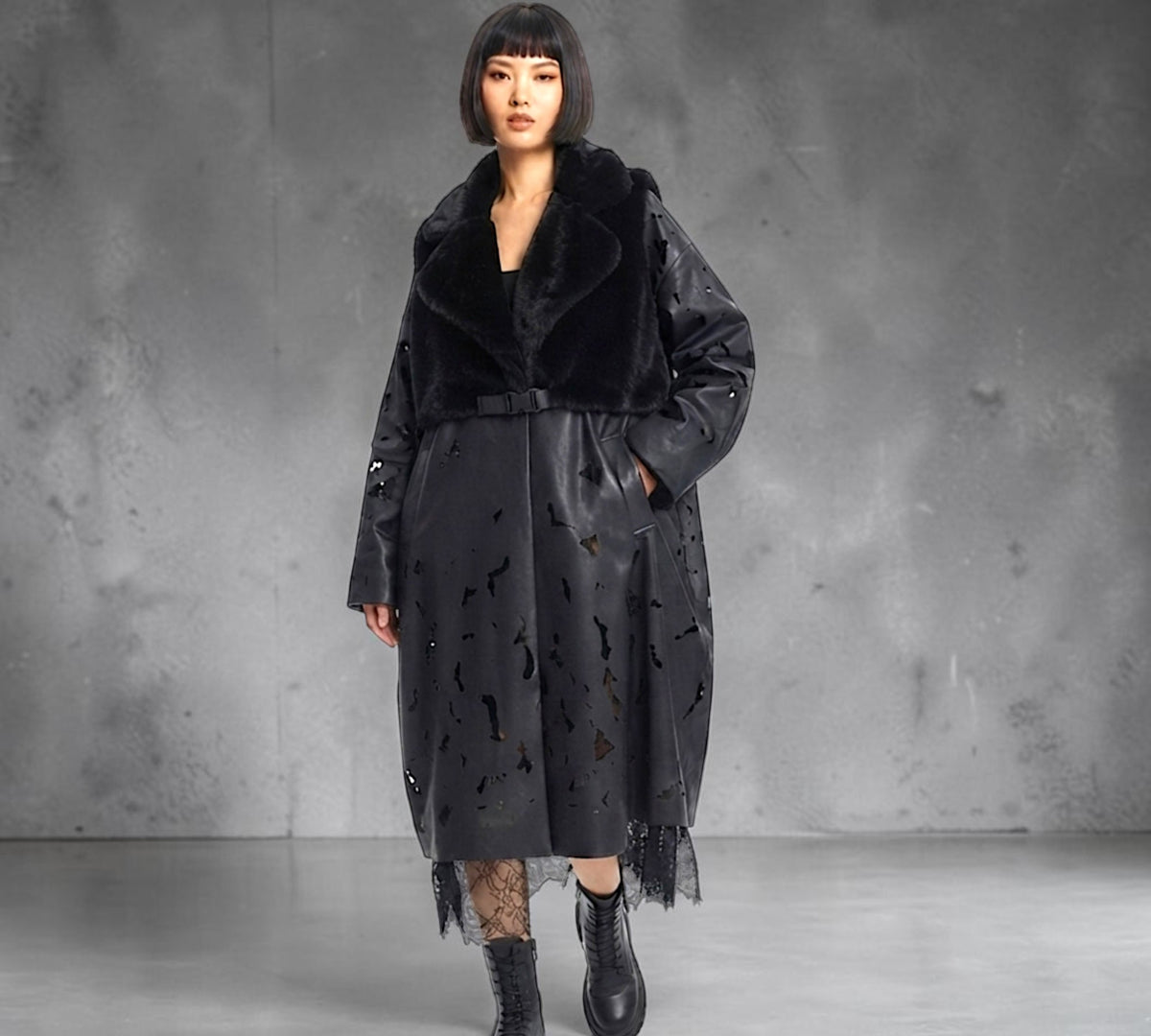 Black Distressed Faux Leather Trench Coat with Faux Fur And Lace Detail - Above the Crowd Boutique