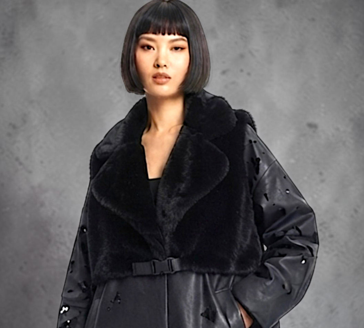 Black Distressed Faux Leather Trench Coat with Faux Fur And Lace Detail - Above the Crowd Boutique
