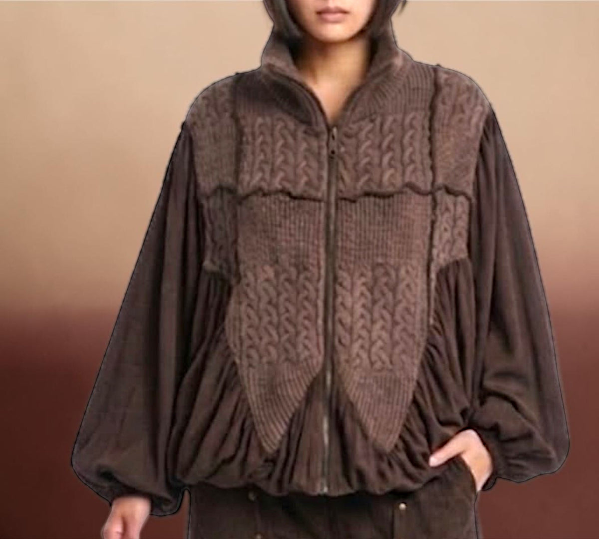 Mixed-Media Cable Knit Zip-Front Balloon Jacket - Above the Crowd Boutique