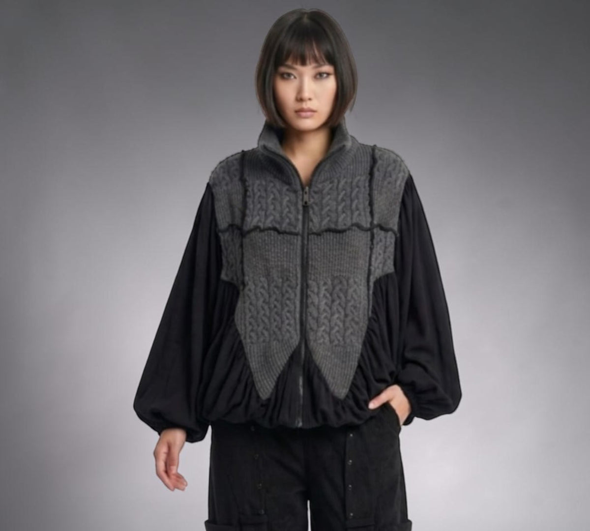 Mixed-Media Cable Knit Zip-Front Balloon Jacket - Above the Crowd Boutique