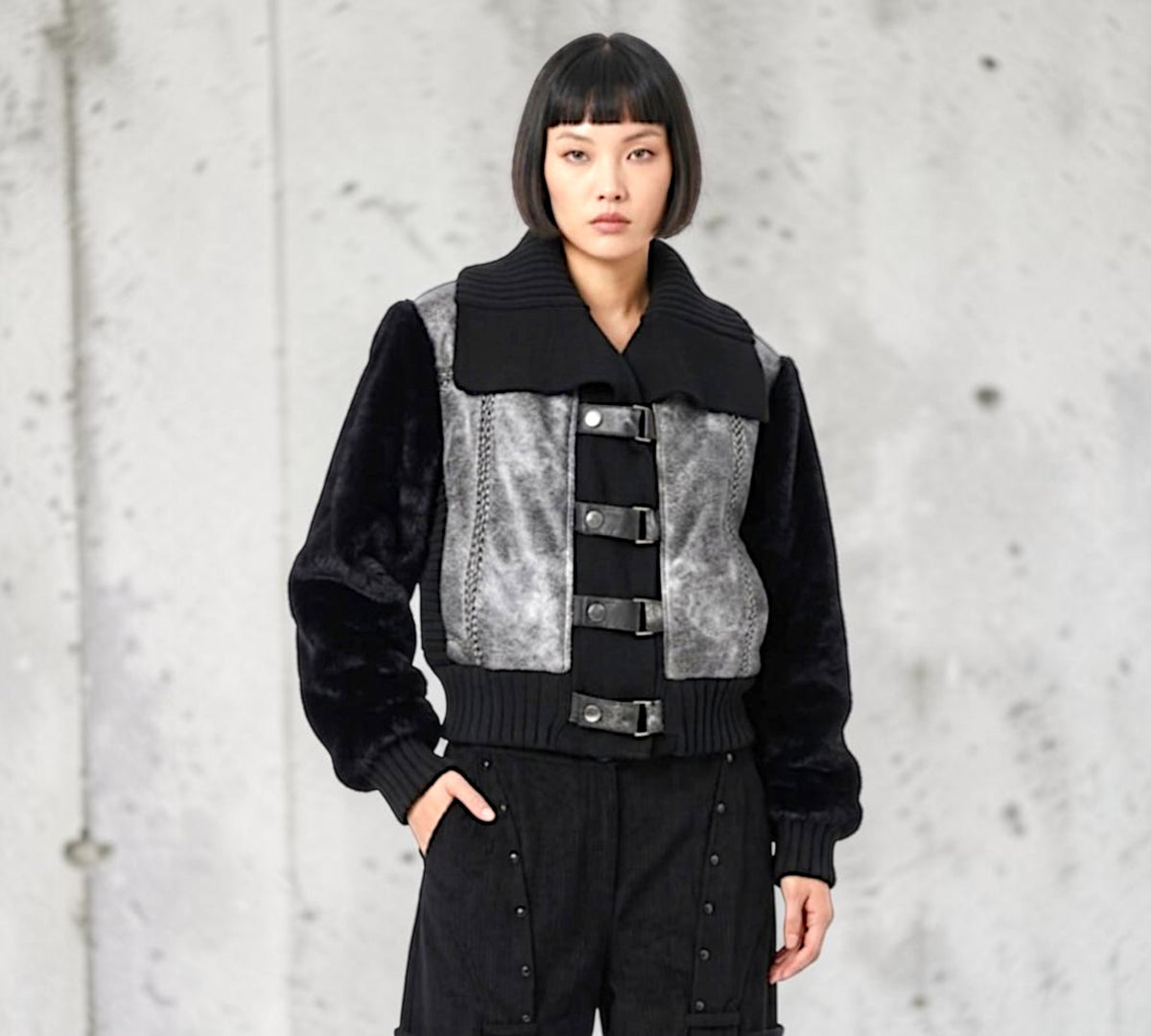 Mixed-Media Faux Fur And Metallic Buckle Jacket - Above the Crowd Boutique