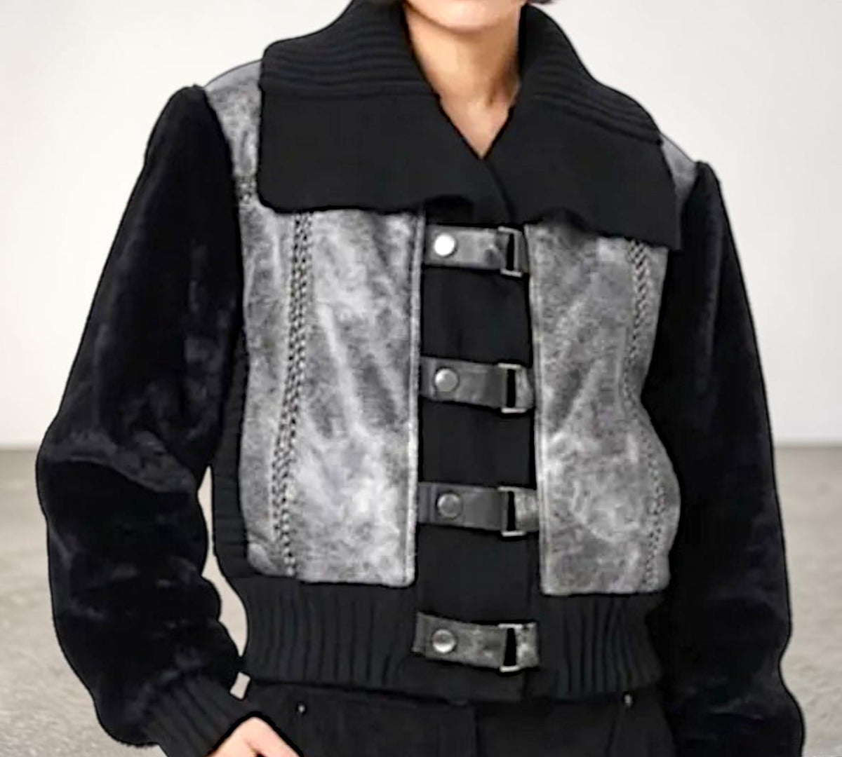 Mixed-Media Faux Fur And Metallic Buckle Jacket - Above the Crowd Boutique
