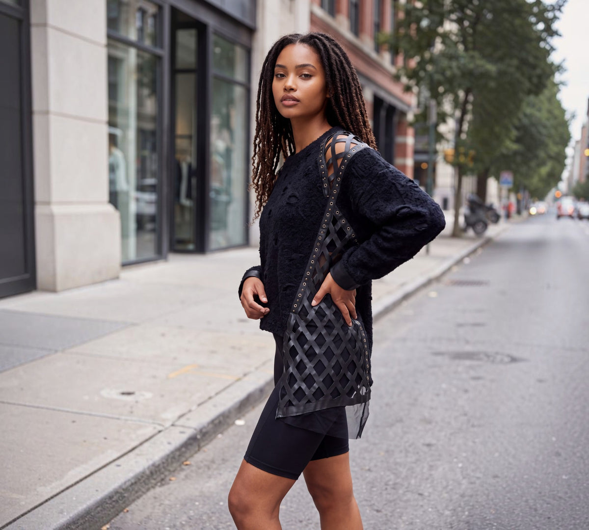 Black Mixed-Texture Lattice Panel Statement Sweater - Above the. Crowd Boutique