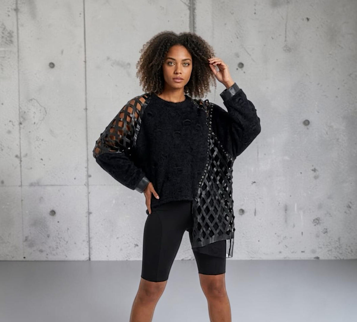 Black Mixed-Texture Lattice Panel Statement Sweater - Above the. Crowd Boutique