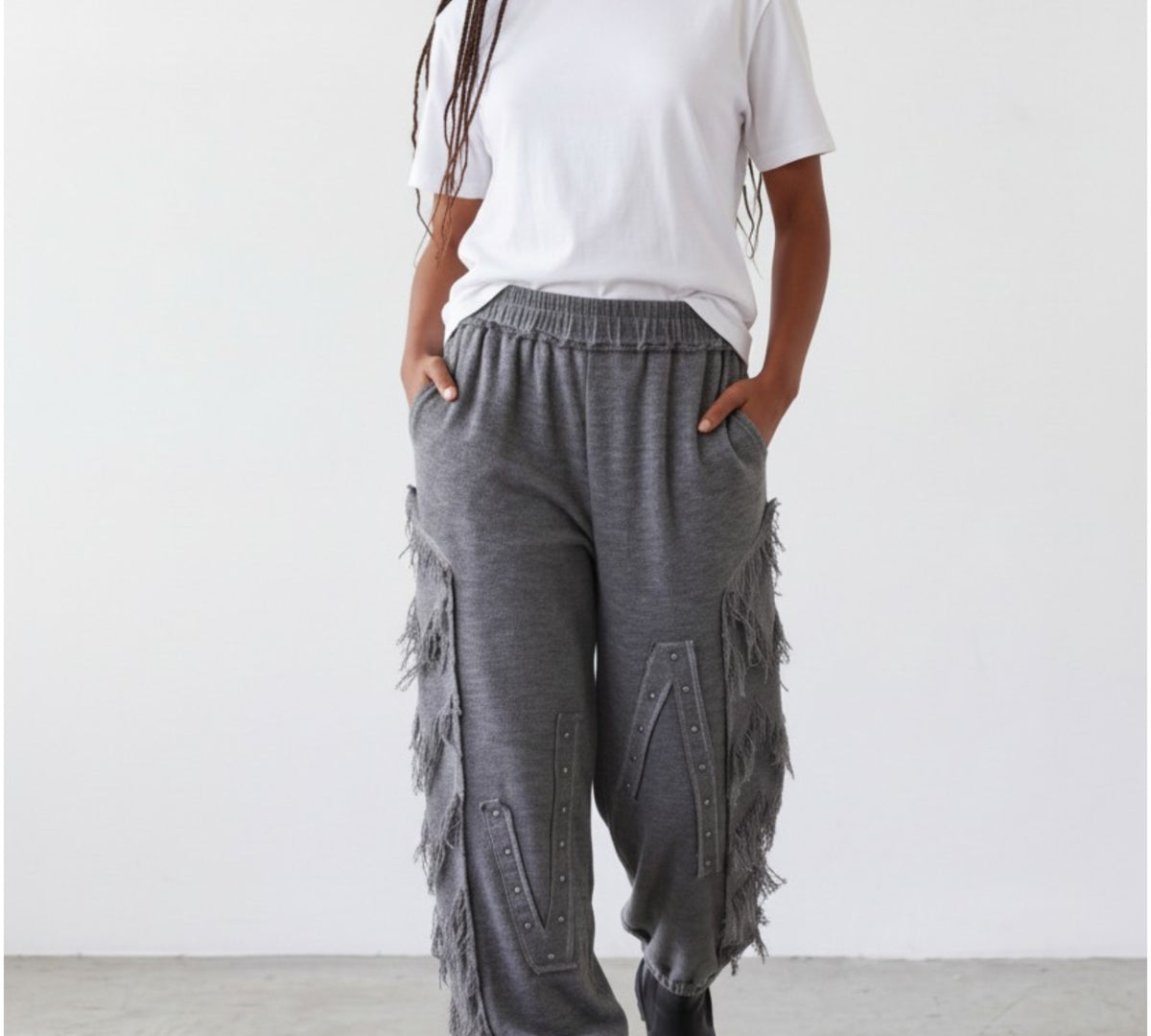 Fringe And Stud Detail Relaxed Jogger Sweatpants - Above the Crowd Boutique