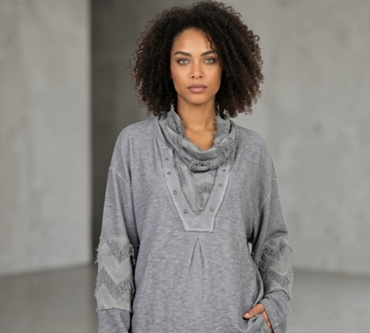 Fringe Cowl Neck Oversized Statement Sweatshirt - Above the Crowd Boutique