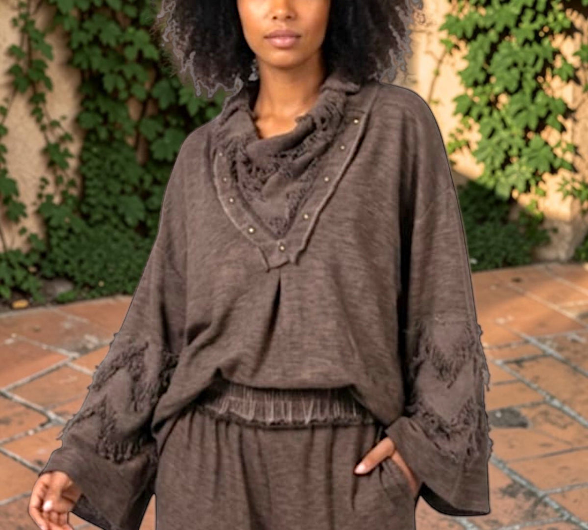 Fringe Cowl Neck Oversized Statement Sweatshirt - Above the Crowd Boutique