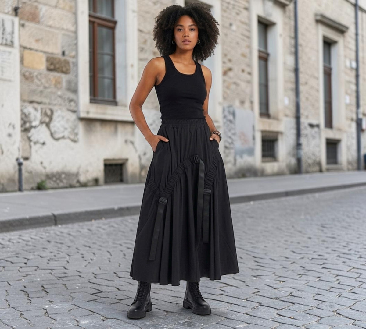 Black Utility Strap Detail Full Midi Skirt -  Above the Crowd Boutique