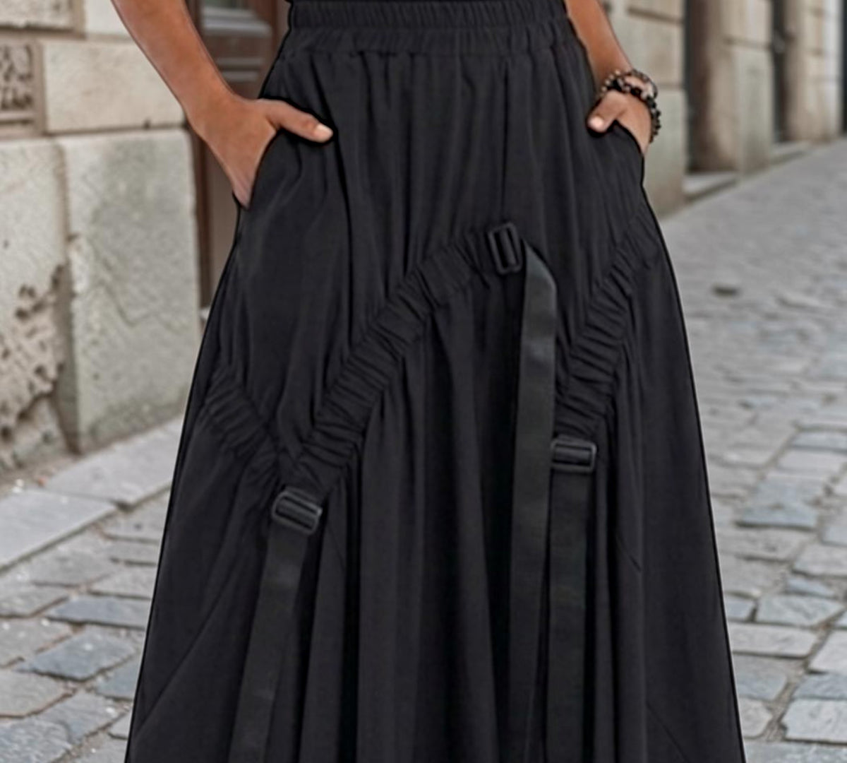 Black Utility Strap Detail Full Midi Skirt -  Above the Crowd Boutique