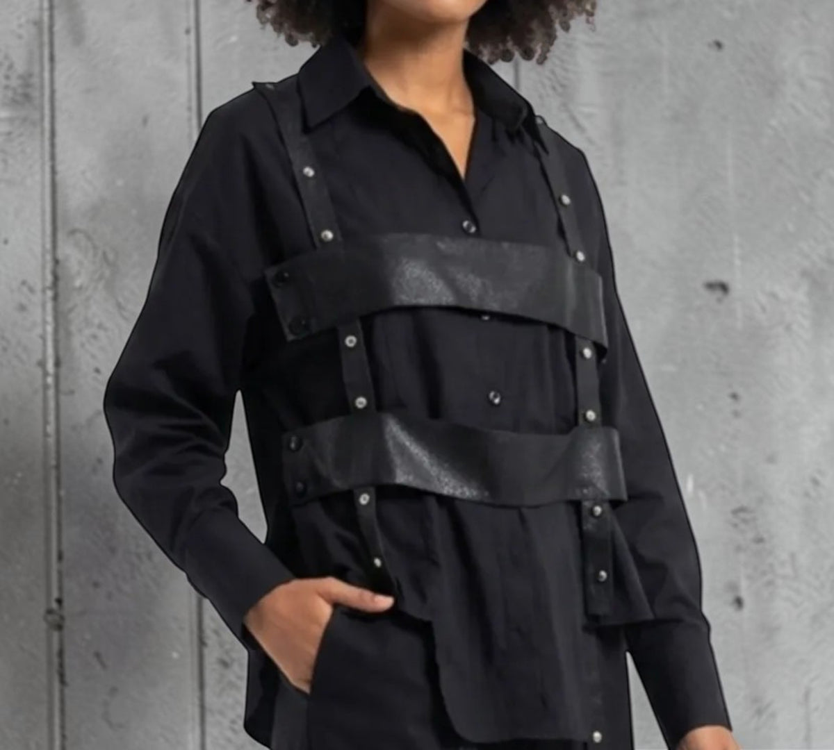 Black Harness-Detail Button-Down Shirt - Above the Crowd Boutique