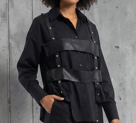 Black Harness-Detail Button-Down Shirt - Above the Crowd Boutique