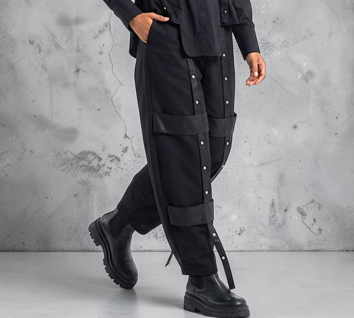 Black Studded Strap-Detail Utility Pants - Above the Crowd Boutique