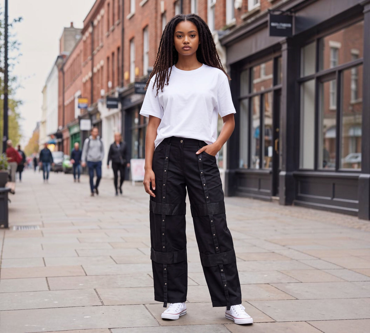 Black Studded Strap-Detail Utility Pants - Above the Crowd Boutique