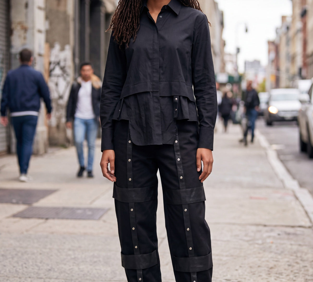 Black Studded Strap-Detail Utility Pants - Above the Crowd Boutique