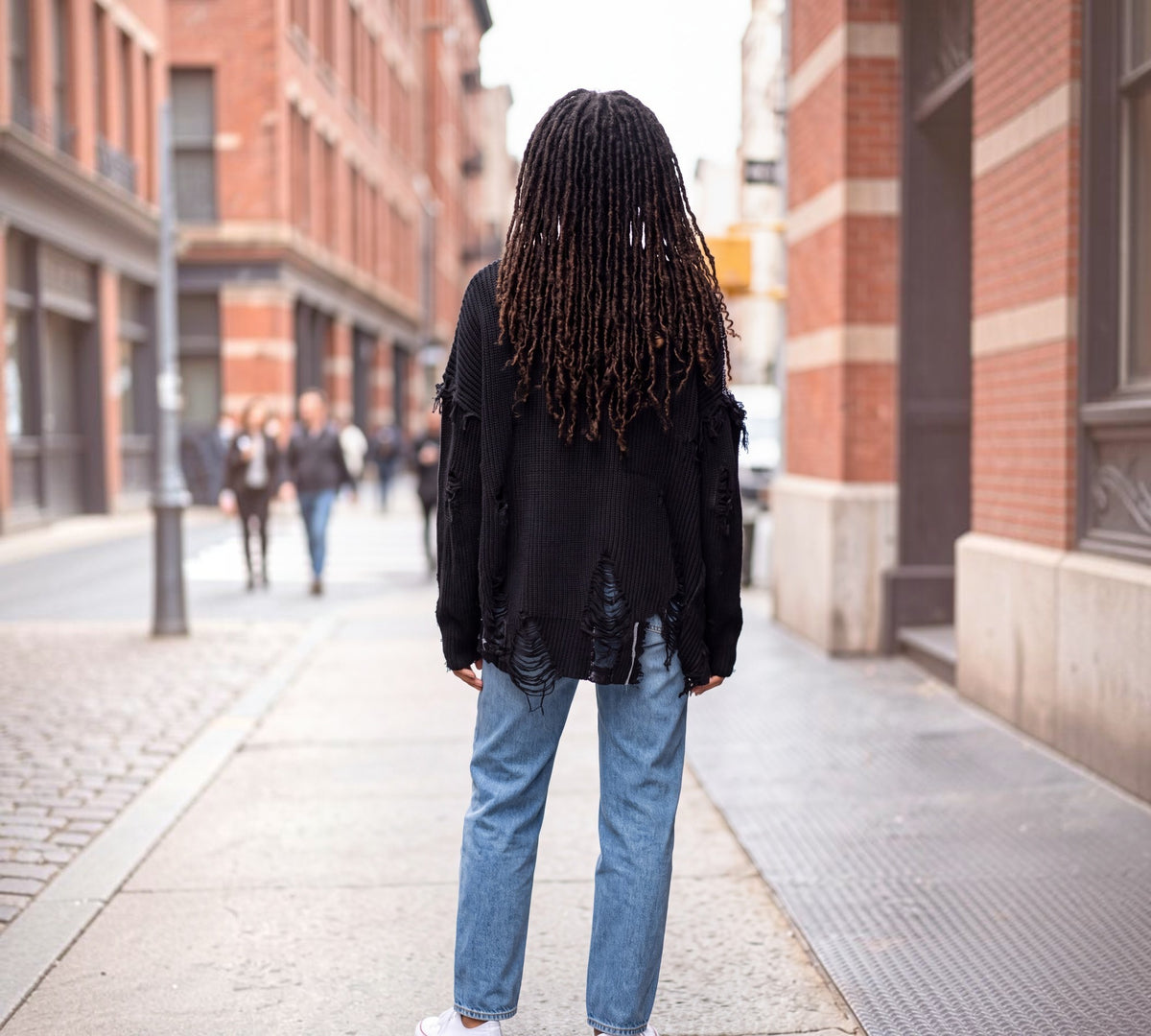 Black Distressed Chain Pocket Oversized Sweater - Above the Crowd Boutique