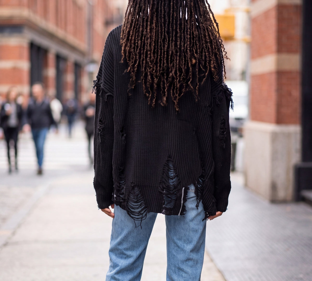 Black Distressed Chain Pocket Oversized Sweater - Above the Crowd Boutique