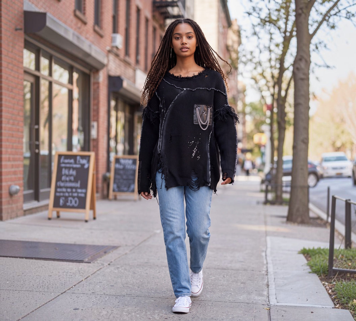 Black Distressed Chain Pocket Oversized Sweater - Above the Crowd Boutique
