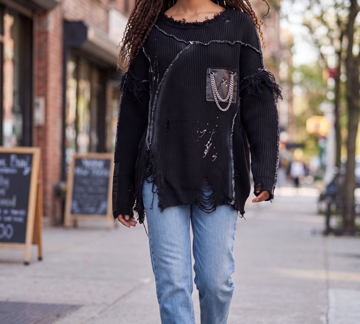 Black Distressed Chain Pocket Oversized Sweater - Above the Crowd Boutique