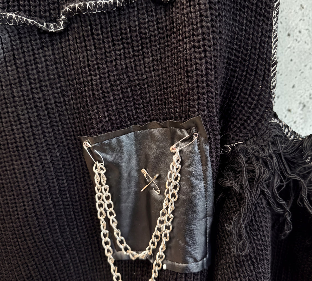 Black Distressed Chain Pocket Oversized Sweater - Above the Crowd Boutique