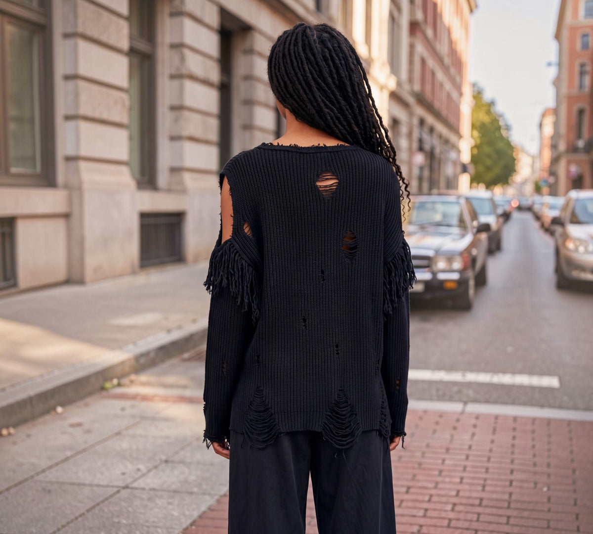 Deconstructed Asymmetrical Fringe Sweater with Faux Leather Panel -  Above the Crowd Boutique