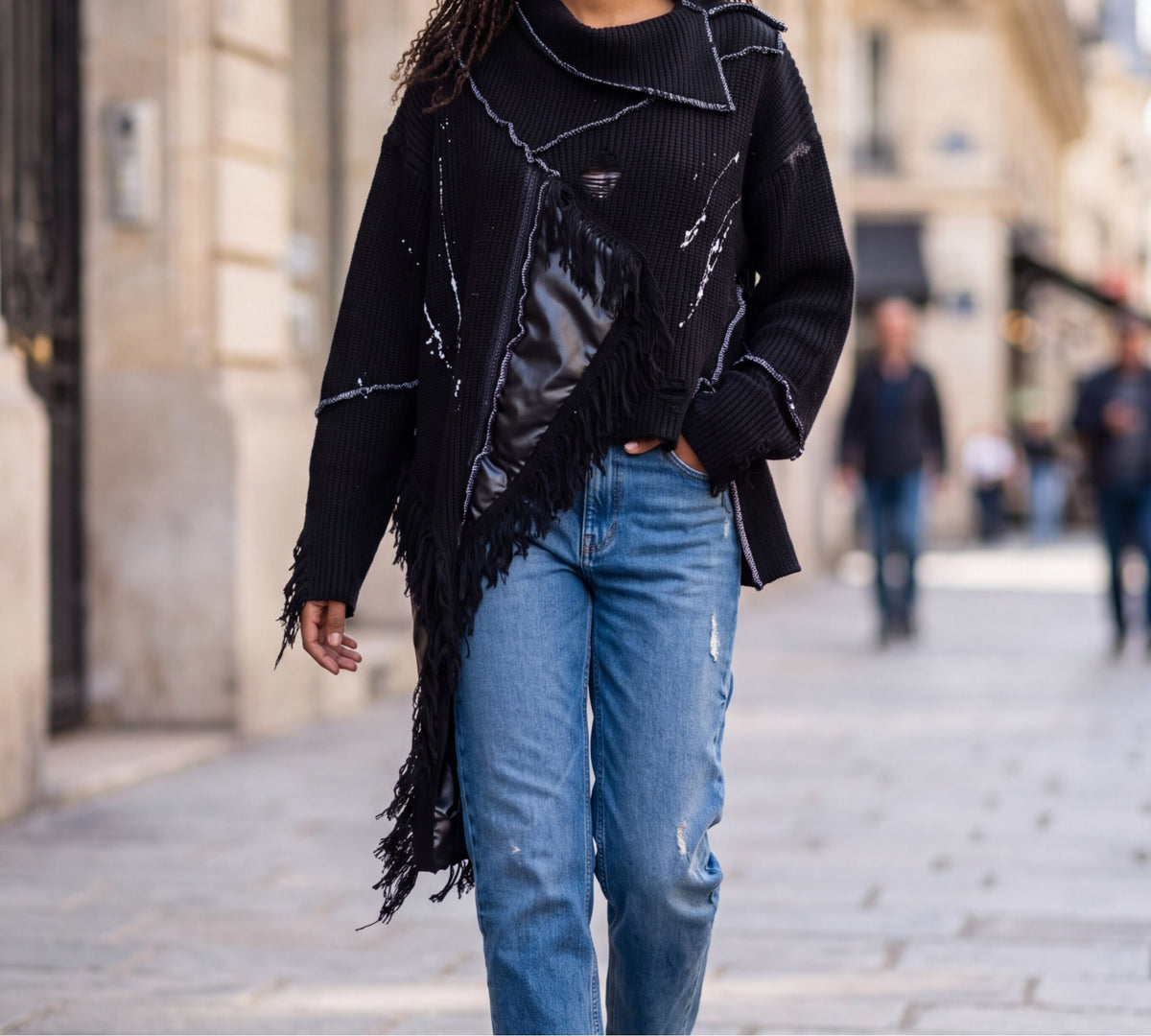 Deconstructed Asymmetrical Fringe Sweater with Faux Leather Panel -  Above the Crowd Boutique