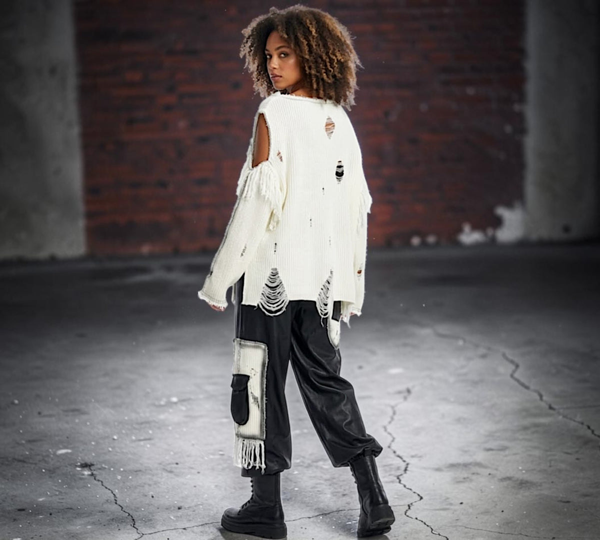 Deconstructed Asymmetrical Fringe Sweater with Faux Leather Panel -  Above the Crowd Boutique