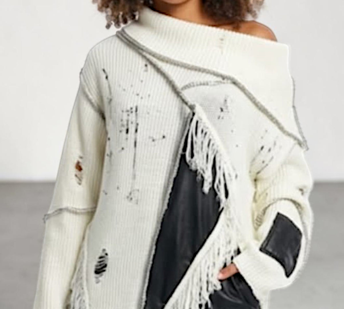 Deconstructed Asymmetrical Fringe Sweater with Faux Leather Panel -  Above the Crowd Boutique
