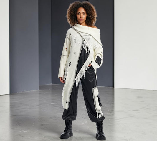 Deconstructed Asymmetrical Fringe Sweater with Faux Leather Panel -  Above the Crowd Boutique