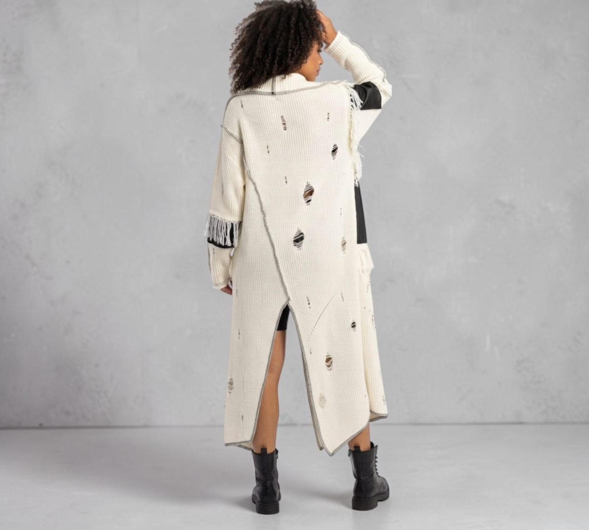 Distressed Mixed-Media Longline Knit Cardigan with Faux-Leather Panels - Above the Crowd Boutique