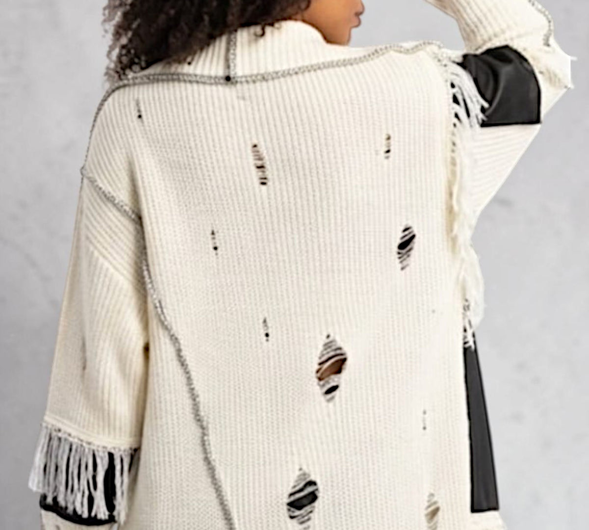 Distressed Mixed-Media Longline Knit Cardigan with Faux-Leather Panels - Above the Crowd Boutique