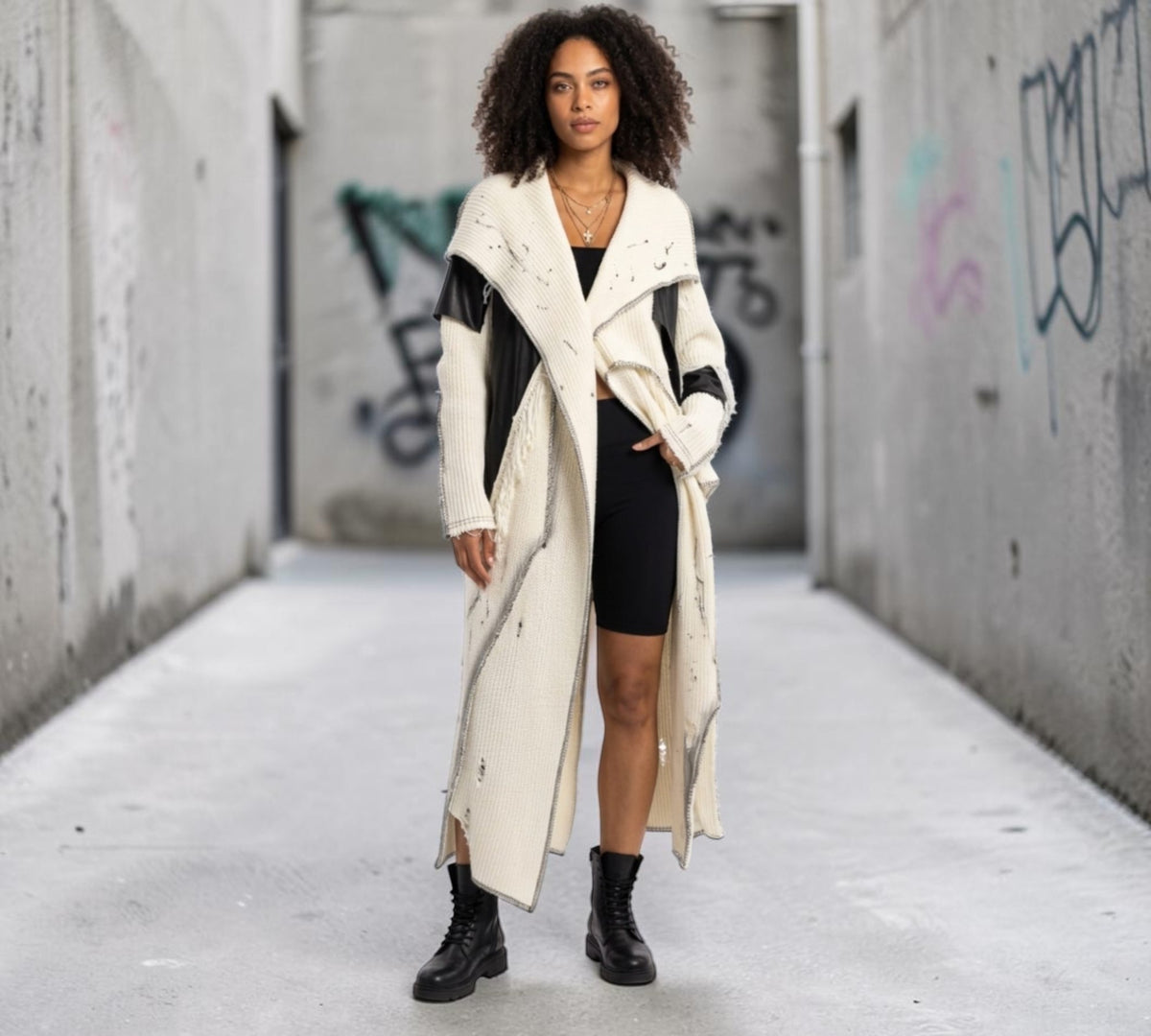 Distressed Mixed-Media Longline Knit Cardigan with Faux-Leather Panels - Above the Crowd Boutique