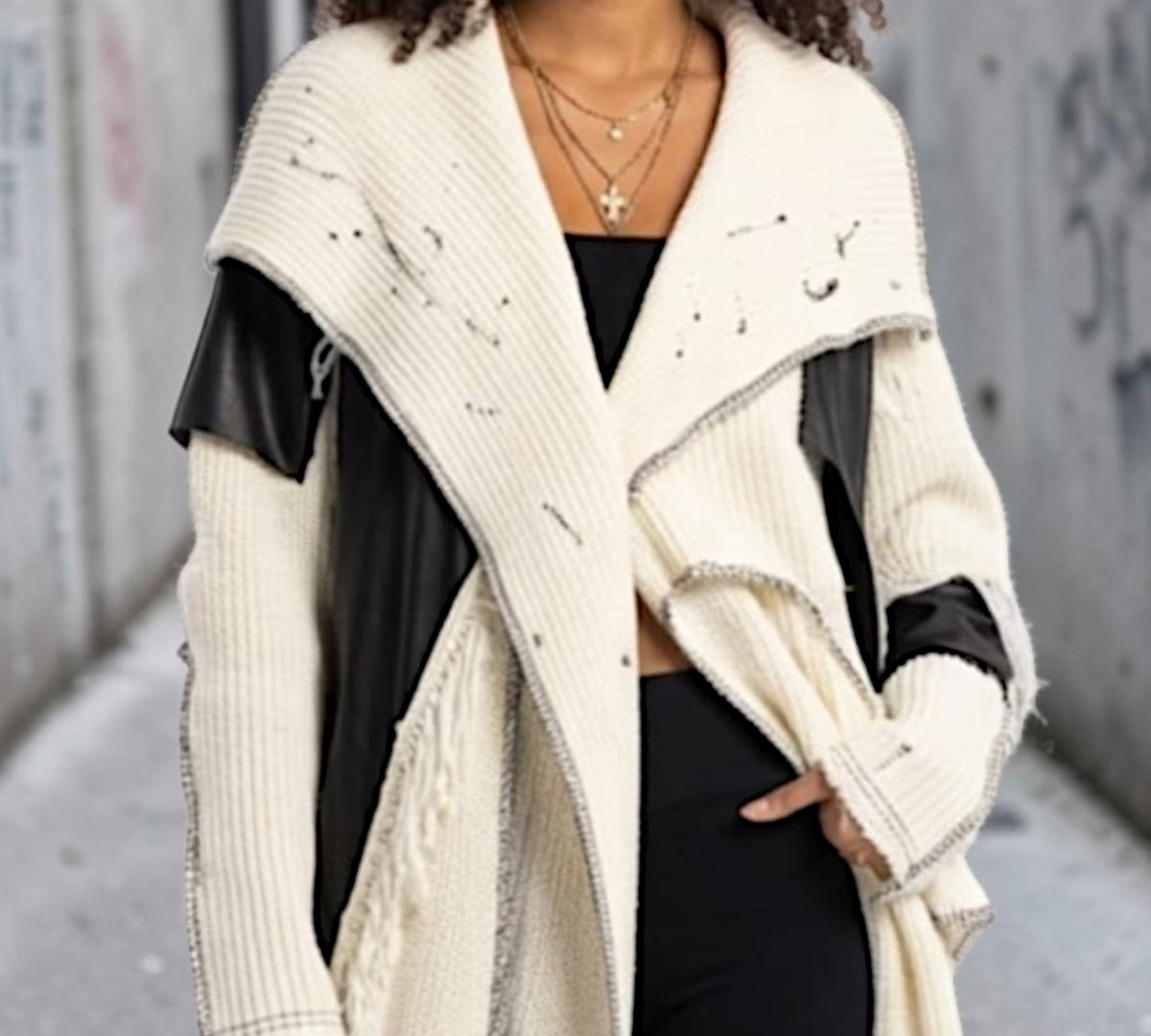 Distressed Mixed-Media Longline Knit Cardigan with Faux-Leather Panels - Above the Crowd Boutique