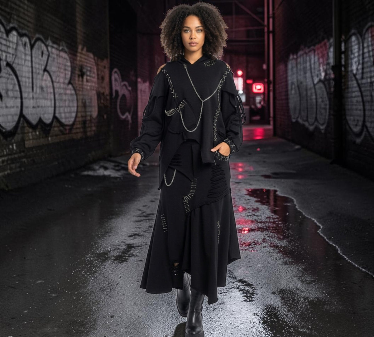 Black Asymmetrical Deconstructed Maxi Skirt