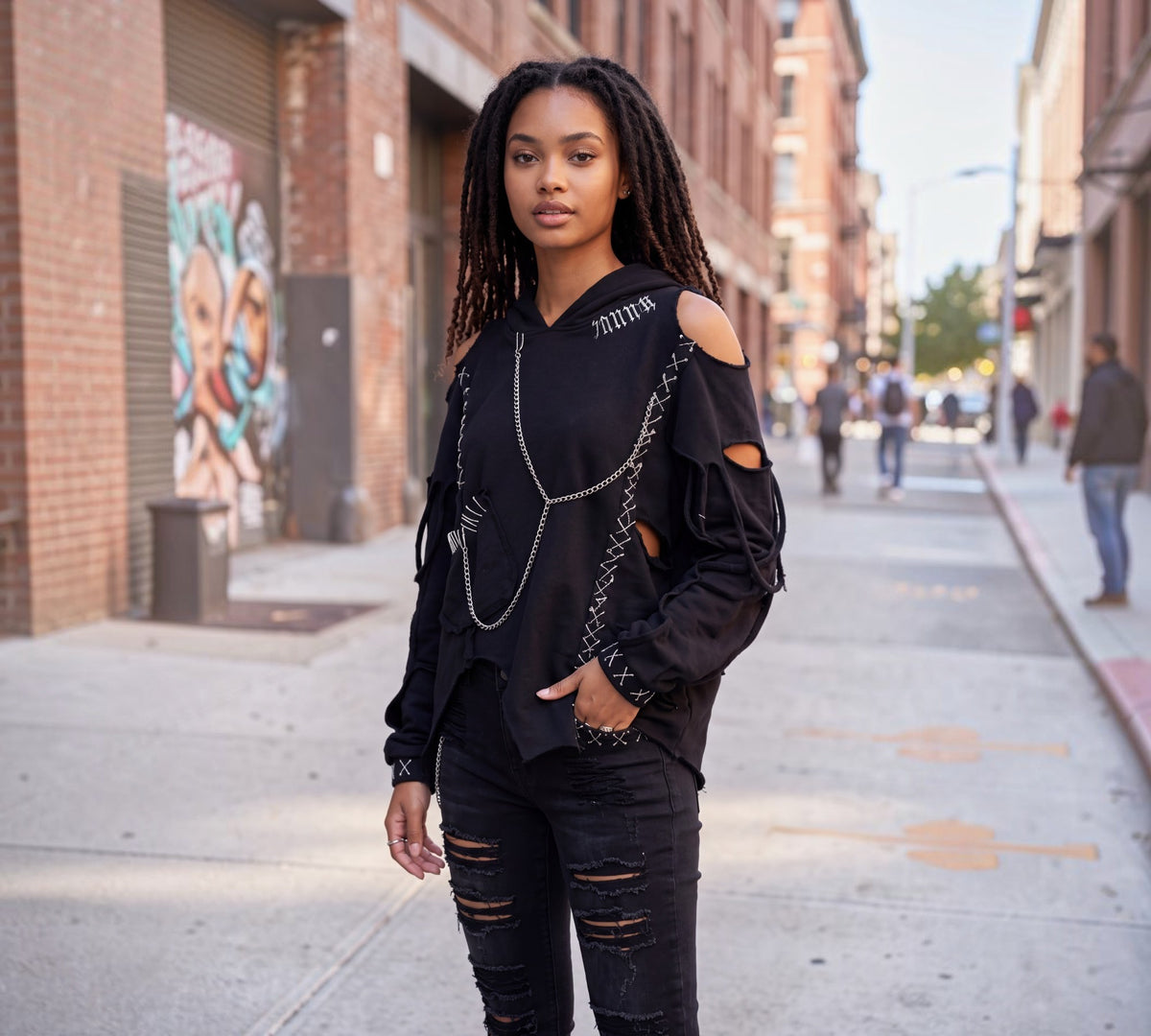 Black Deconstructed Cold-Shoulder Hoodie Sweatshirt - Above the Crowd Boutique