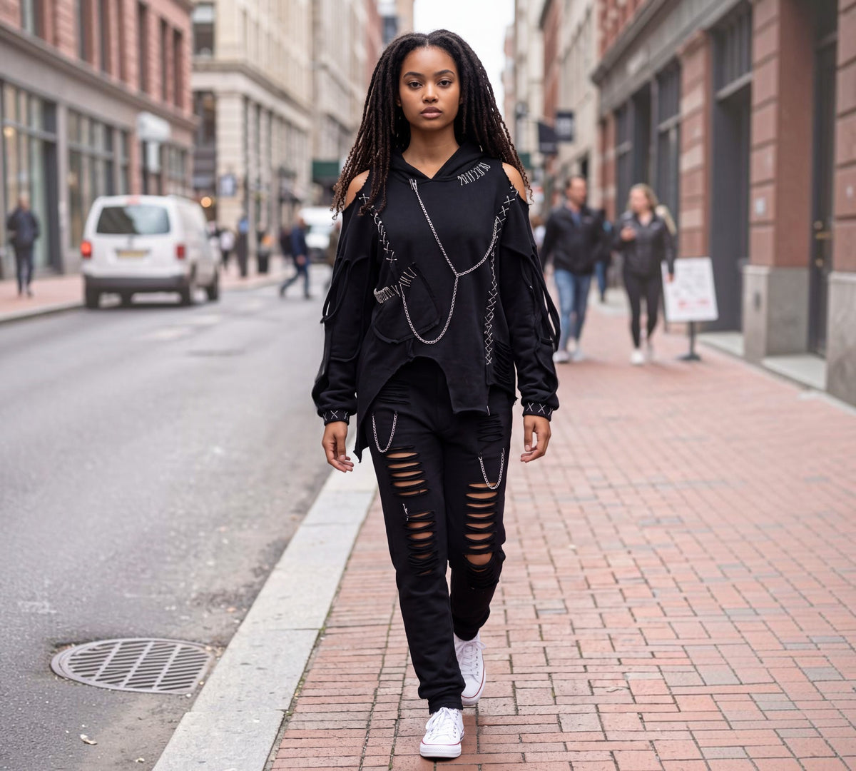 Black Deconstructed Cold-Shoulder Hoodie Sweatshirt - Above the Crowd Boutique