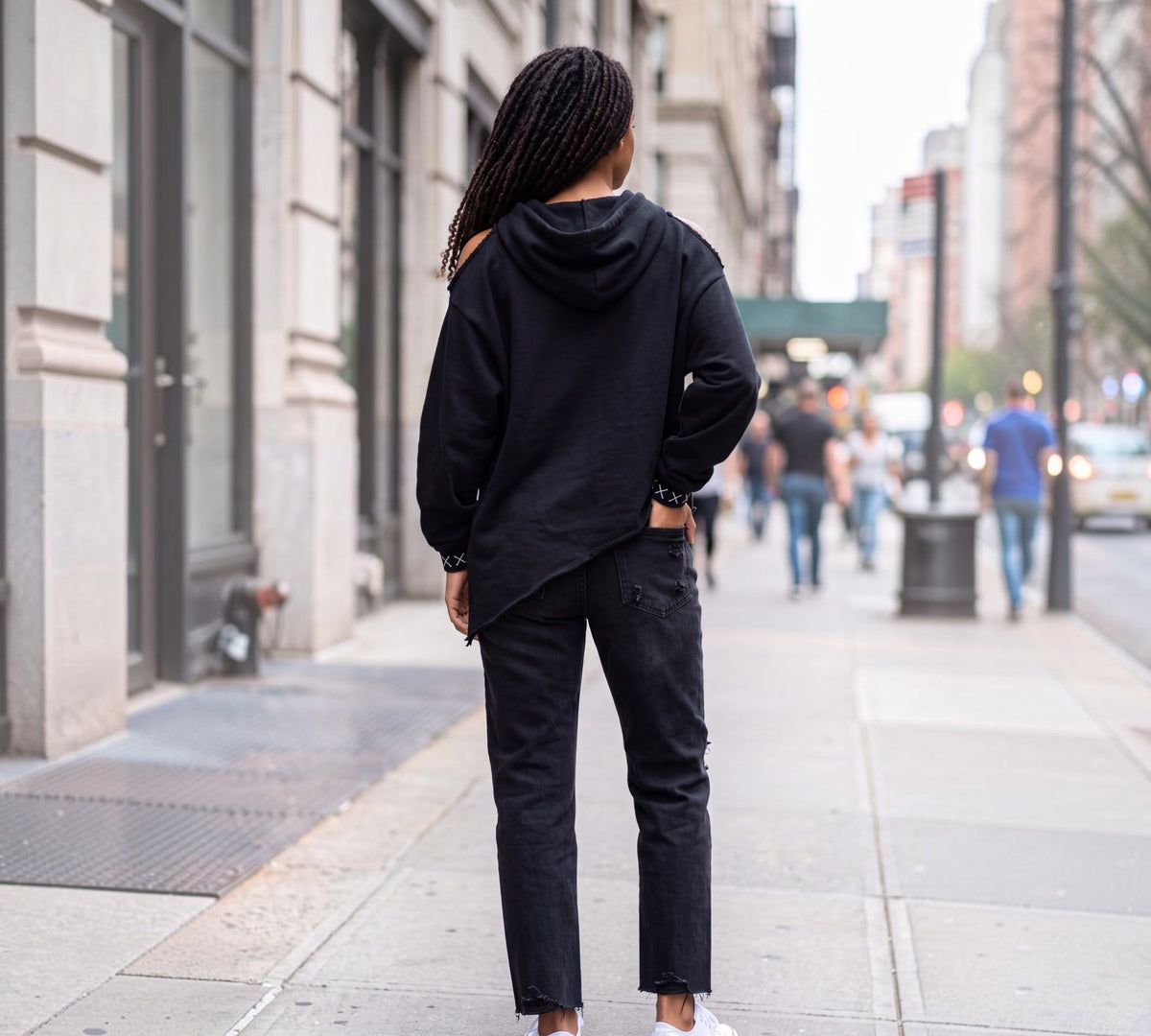 Black Deconstructed Cold-Shoulder Hoodie Sweatshirt - Above the Crowd Boutique