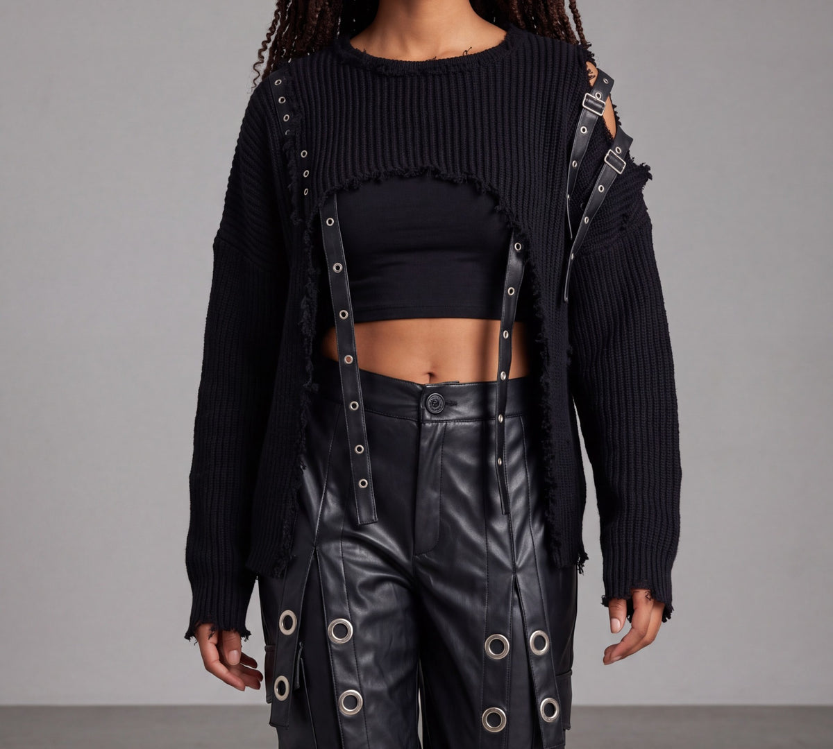 H-4 Two-Piece Distressed Knit Sweater And Tank Top Set - Above the Crowd Boutique