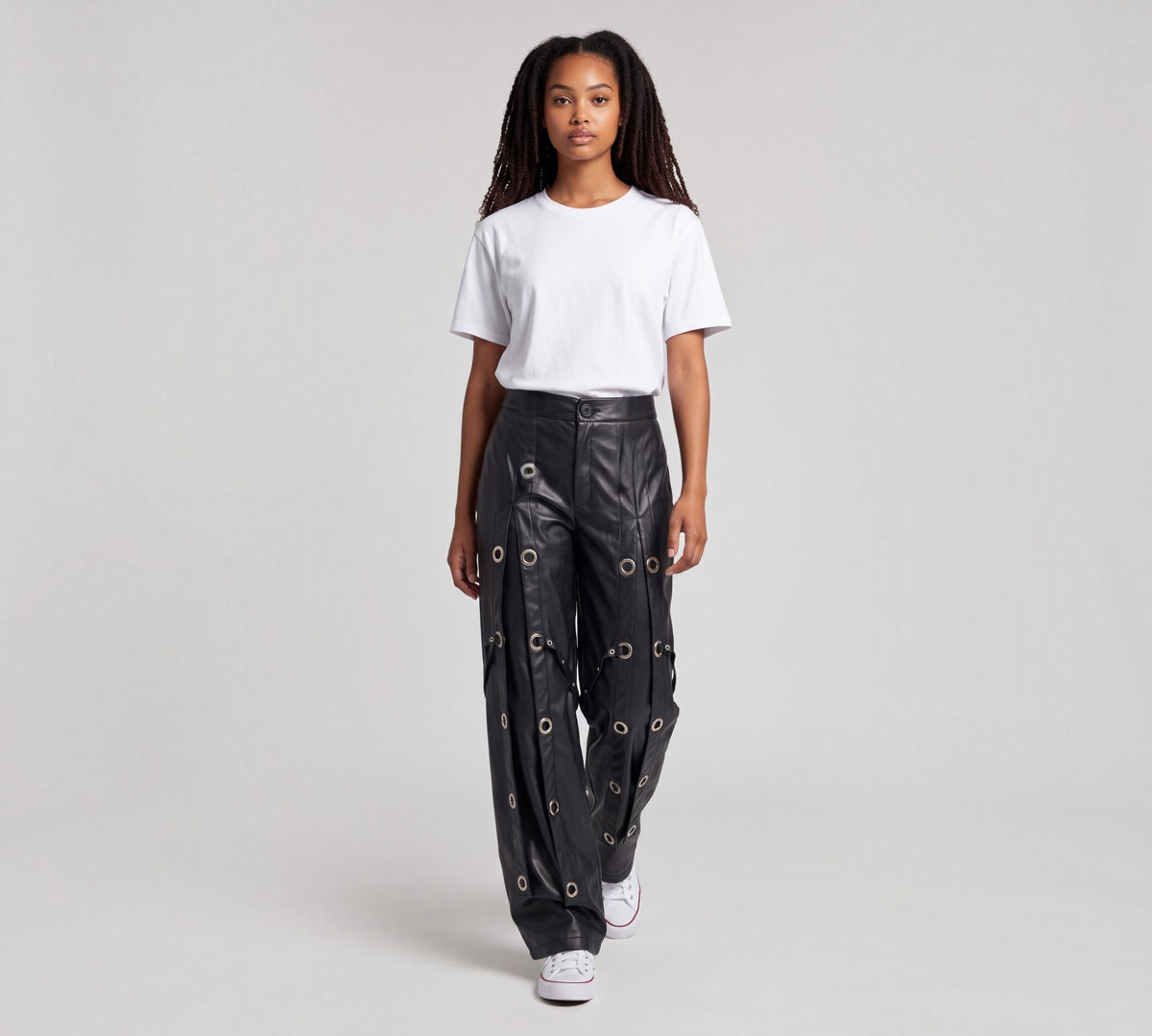 H-4 6618 Black Faux Leather Grommet Wide-Leg Pants - Above the Crowd Boutique