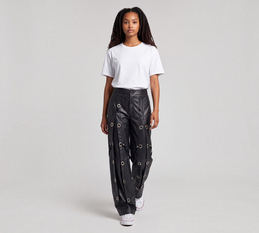 H-4 6618 Black Faux Leather Grommet Wide-Leg Pants - Above the Crowd Boutique