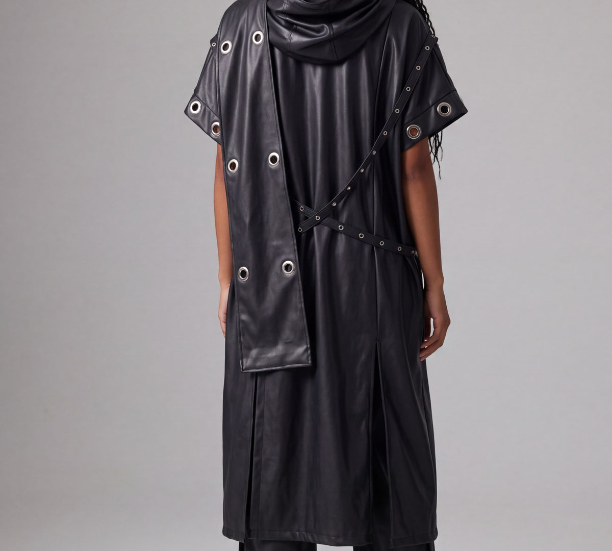 H-4 6619 Black Faux Leather Grommet Hooded Trench Coat - Above the Crowd Boutique