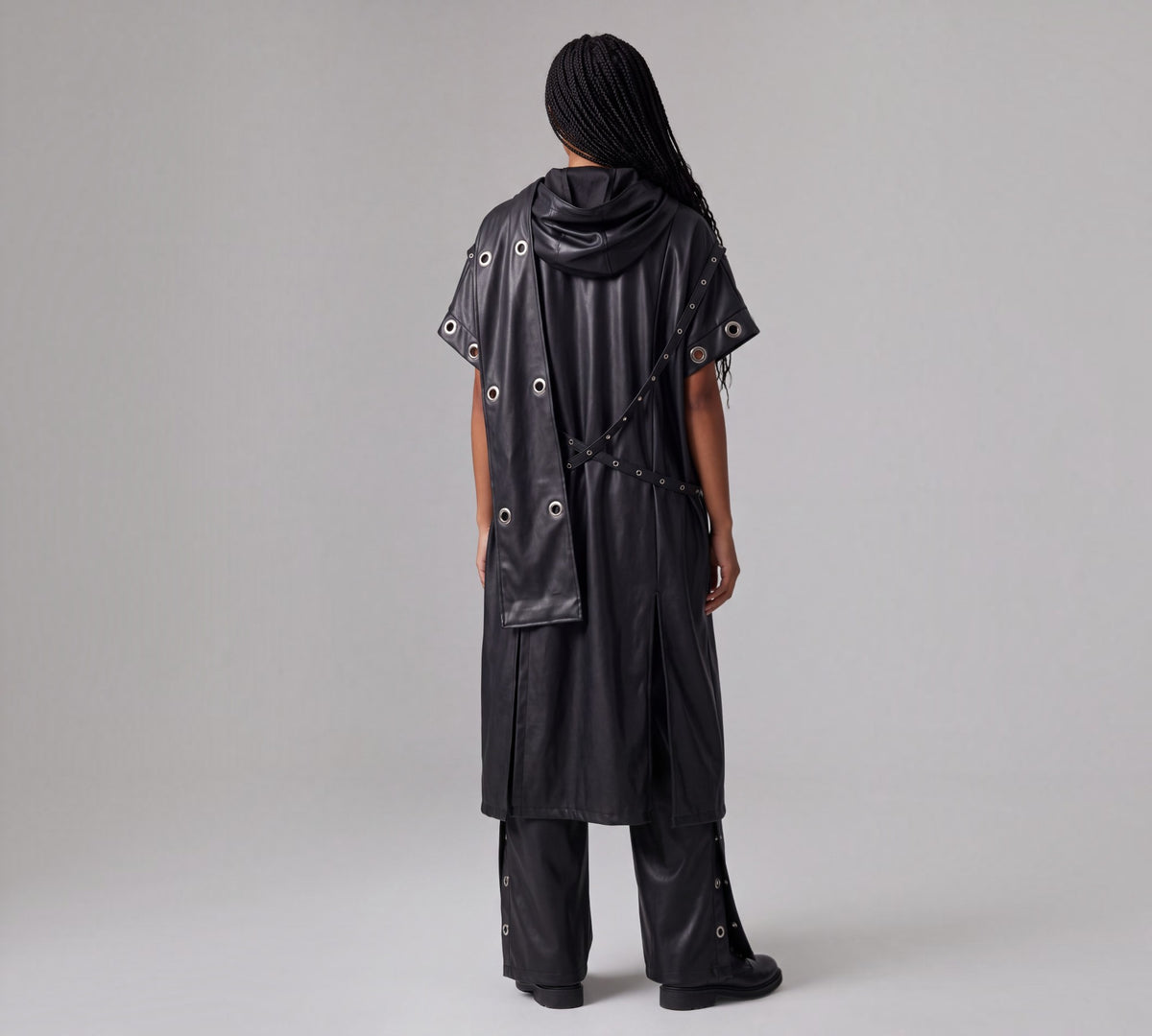 H-4 6619 Black Faux Leather Grommet Hooded Trench Coat - Above the Crowd Boutique