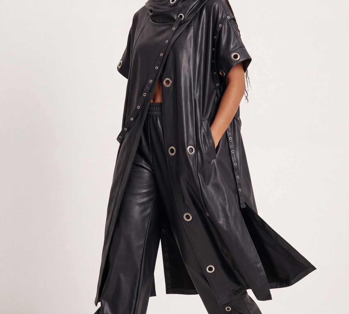 H-4 6619 Black Faux Leather Grommet Hooded Trench Coat - Above the Crowd Boutique