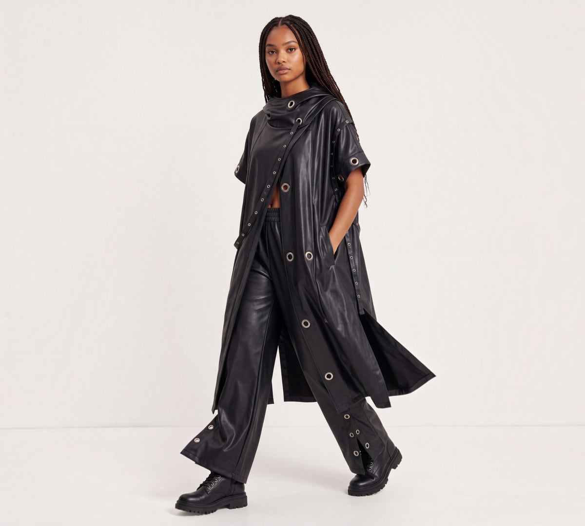 H-4 6619 Black Faux Leather Grommet Hooded Trench Coat - Above the Crowd Boutique