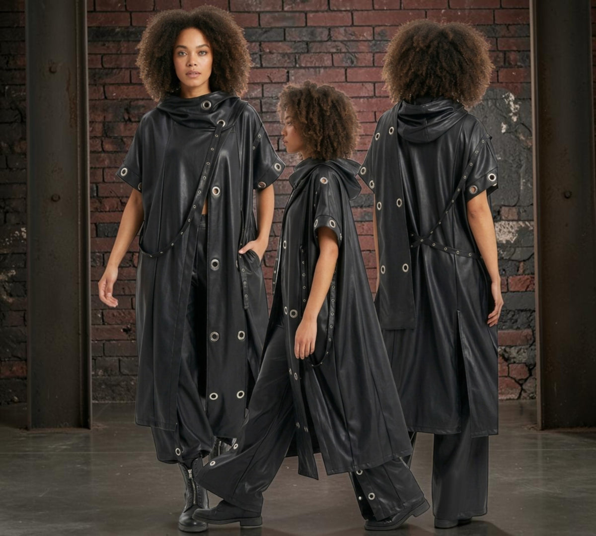 H-4 6619 Black Faux Leather Grommet Hooded Trench Coat - Above the Crowd Boutique