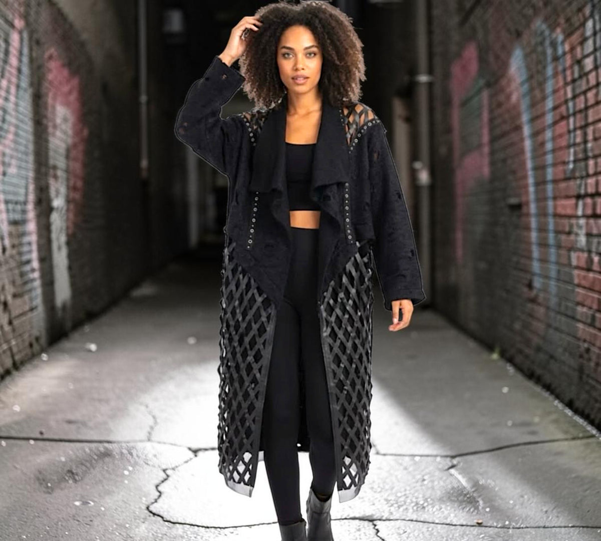 Distressed Lattice Panel Long Trench Coat - Above the Crowd Boutique