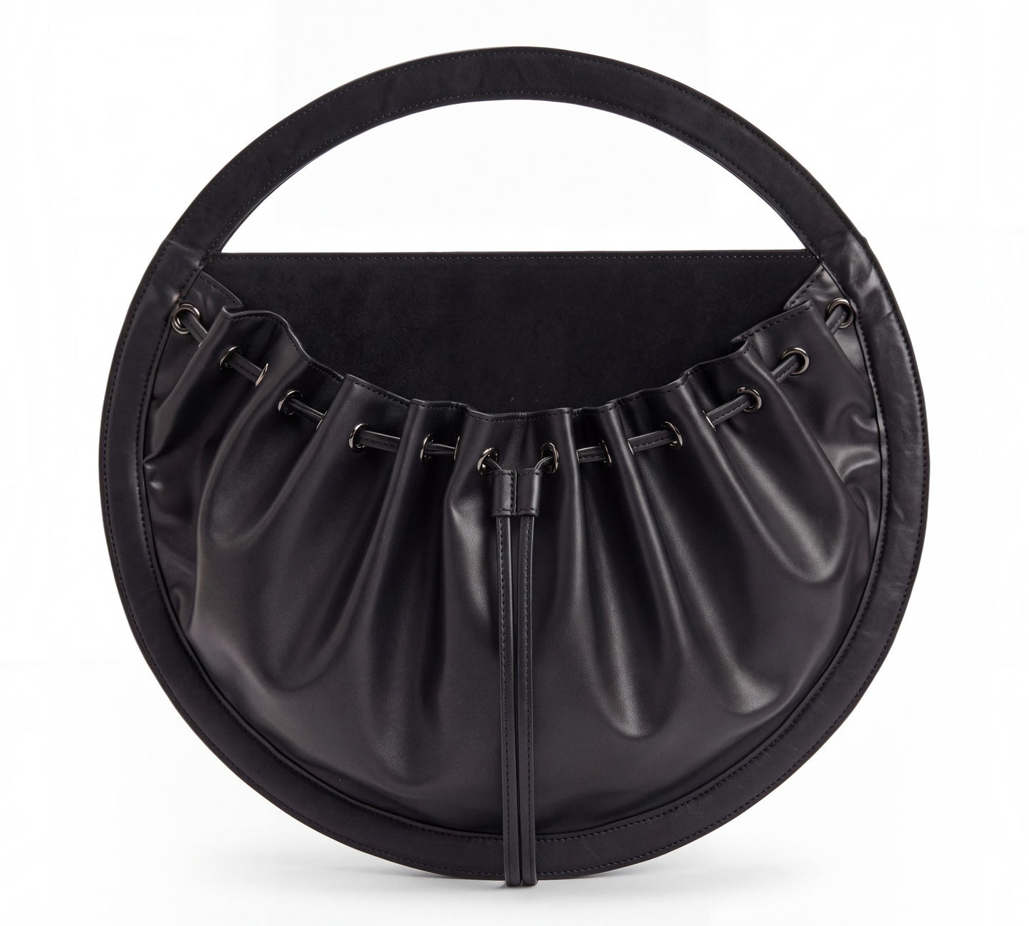 Black Sculptural Circular Drawstring Handbag