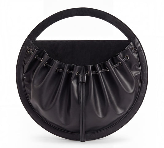 Black Sculptural Circular Drawstring Handbag