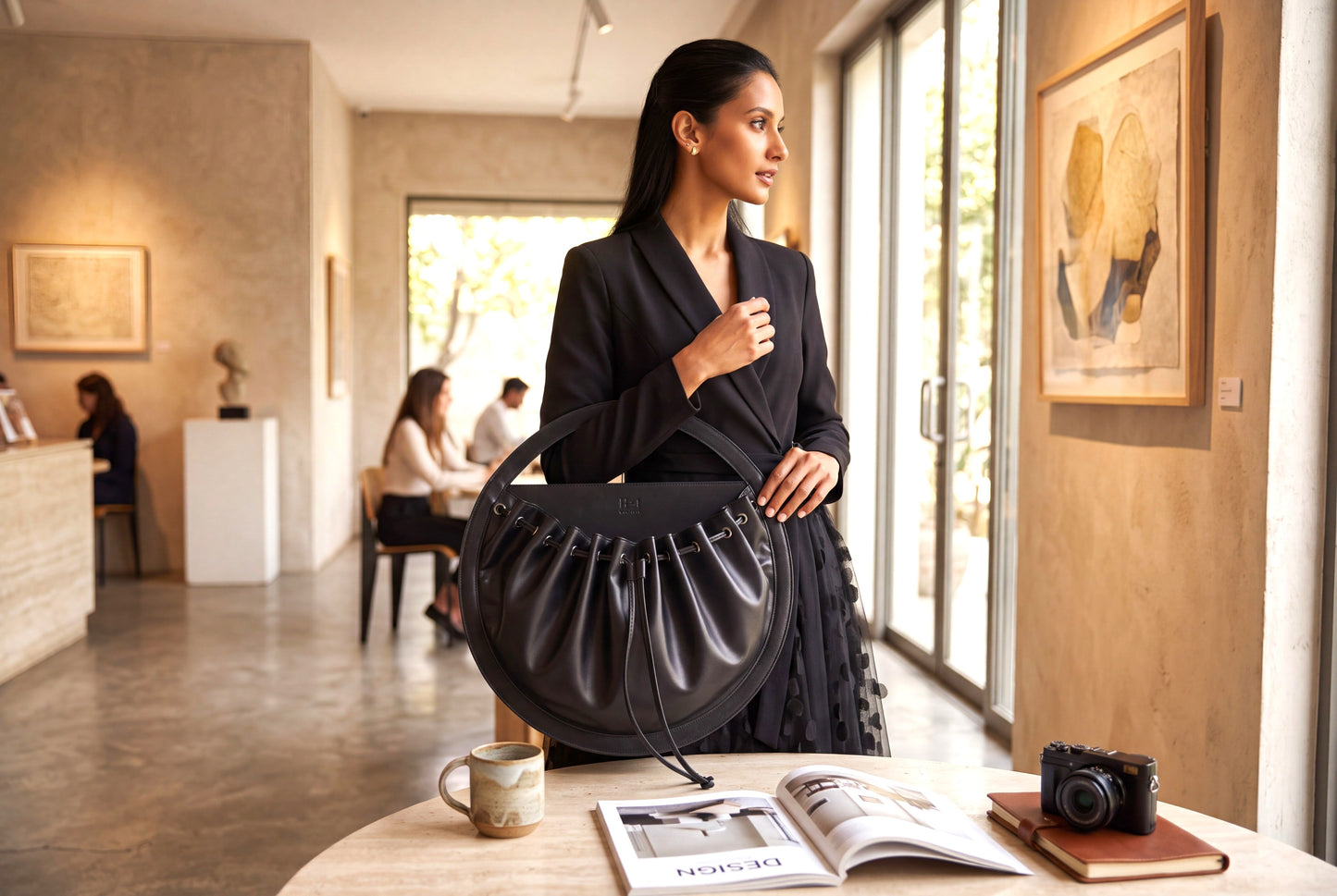 Black Sculptural Circular Drawstring Handbag