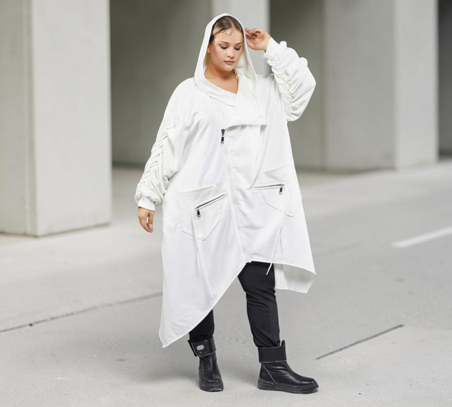 Plus Size White Asymmetrical Hooded Trench Coat - Above the Crowd Boutique