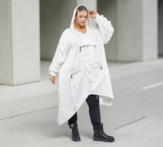 Plus Size White Asymmetrical Hooded Trench Coat - Above the Crowd Boutique